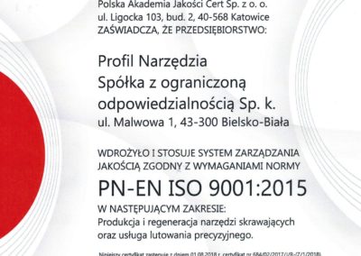 certyfikat Profil narzędzia PN-EN ISO 9001:2015