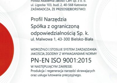 certyfikat Profil narzędzia PN-EN ISO 9001:2015